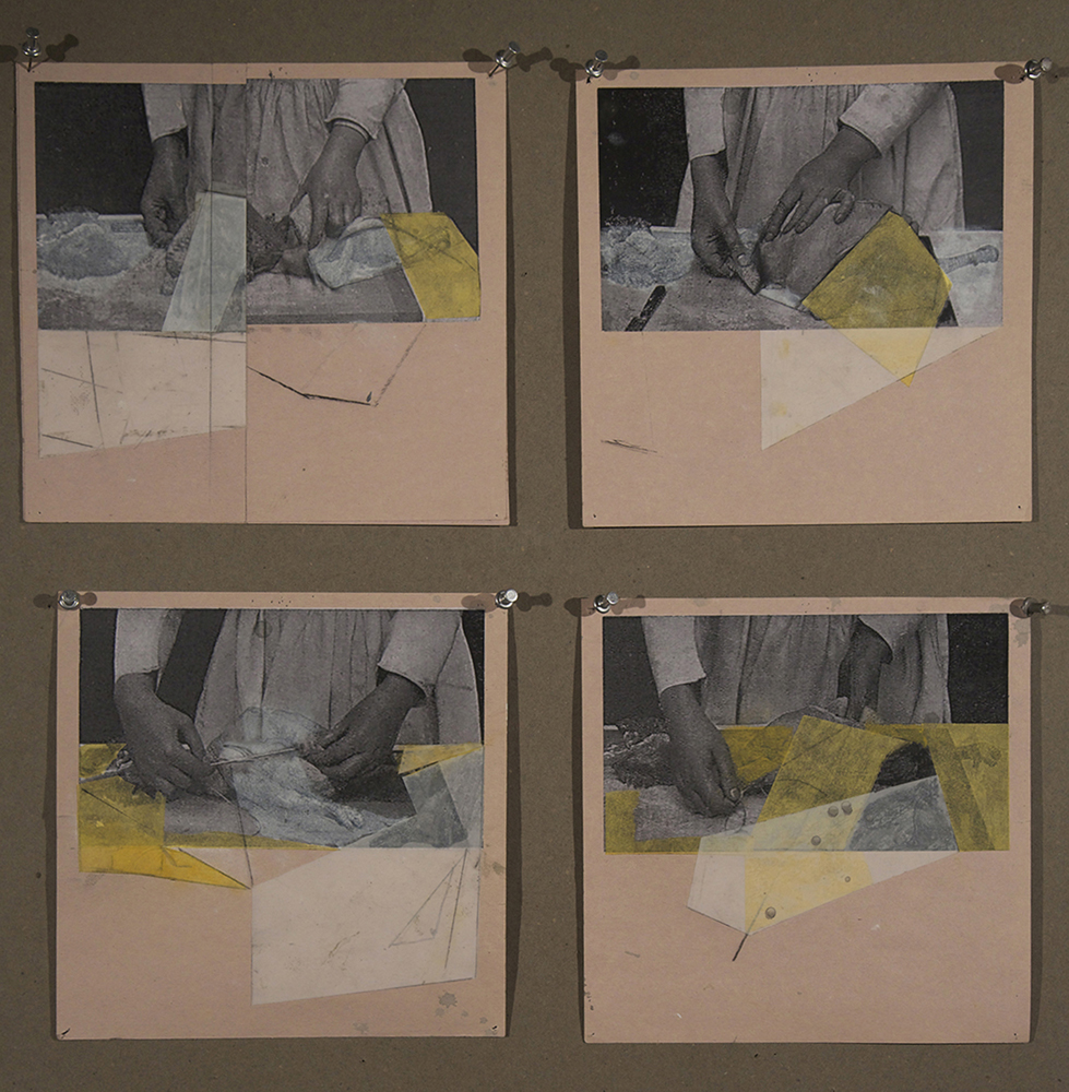 Study for Working Hands 2013 Graphite, mylar, ink-jet print and canary bumwad on paper 6 x 6 inches  