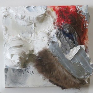 At first an occasion rather than a friend, oil, pastel and repurposed fur on wood, 6x6x3 inches, 2014