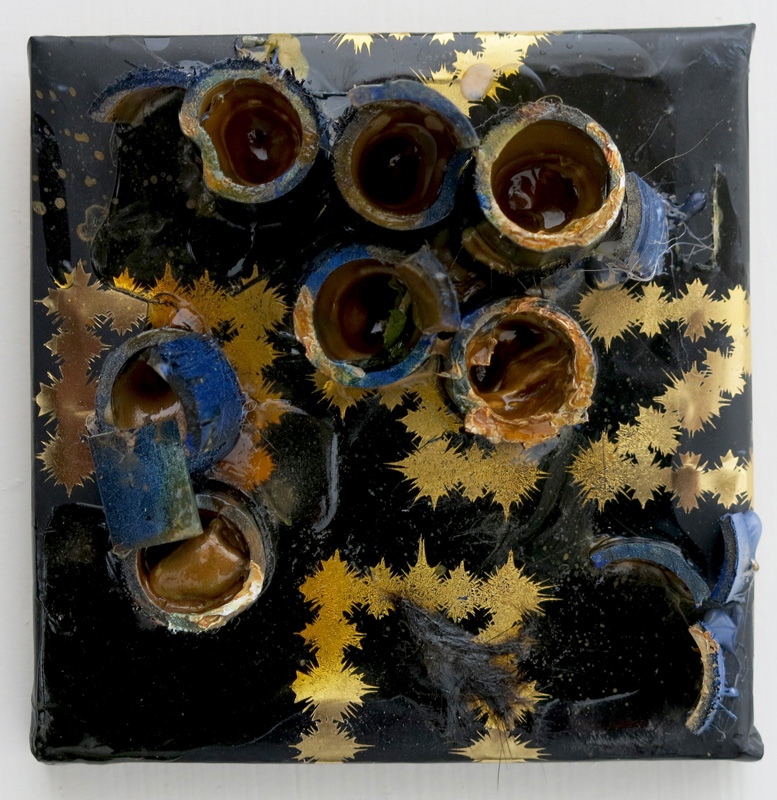 Perhaps one should never put one's worship into words, acrylic, oil, resin, wood on paper and wood, 6x6x4 inches, 2013